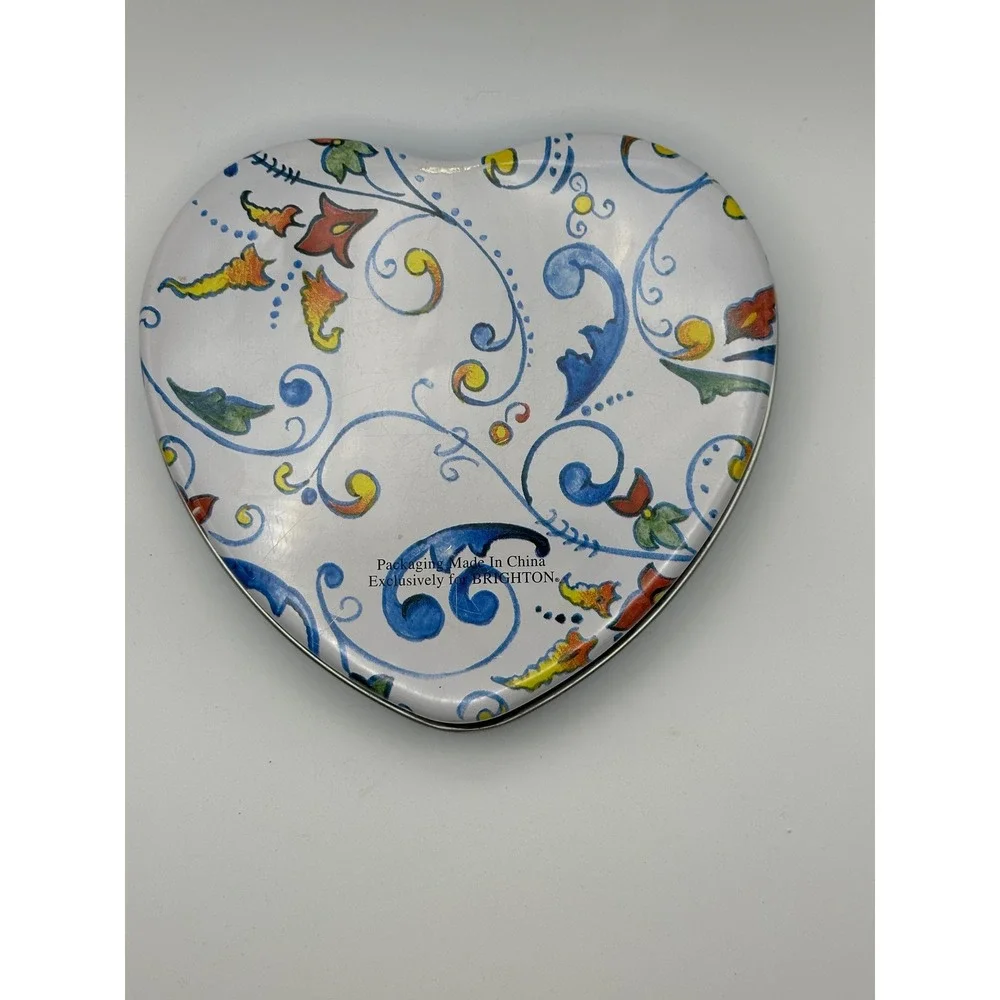 Brighton Heart Shaped Jewelry Tin Blue Yellow Mediterranean Scroll Trinket Box